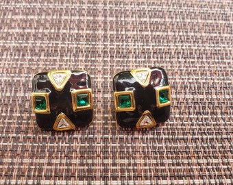 Vintage Collection - Black Enamel Gripoix Gold Metal Color and colorful glasses stud Earrings by Monet
