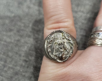 Vintage silver metal tone Religious St. Christopher signet adjustable ring
