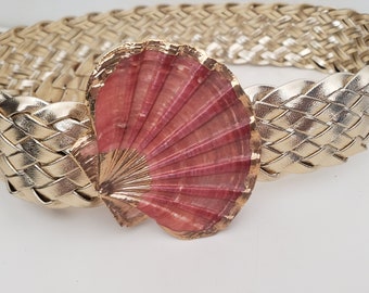 Vintage Gold leather and large sea shell buckle belt