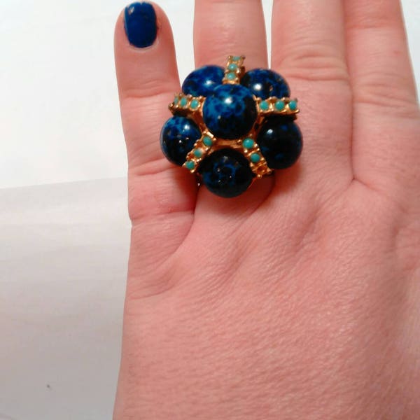 Victorian Style Gold Tone with Blue Glass Stone and tiny turquoise stones Adjustable  Ring by Pauline Rader jewelry Designer