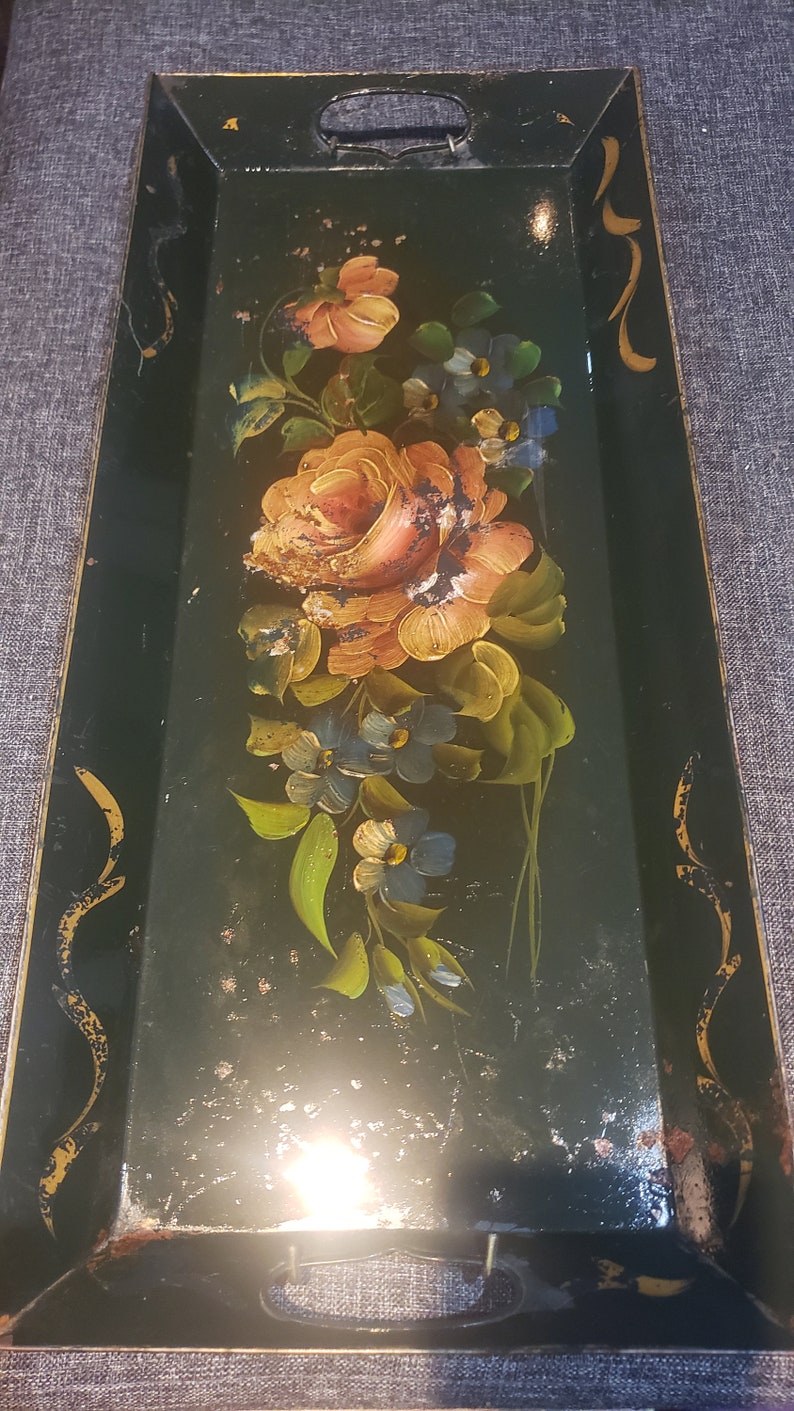 Antique Victorian style rectangular black Tole Painted Tray image 1
