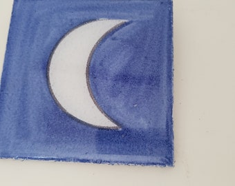 Vintage small blue glazed Moon wall hanging tile