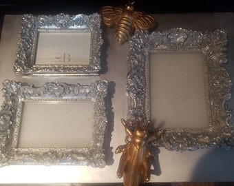 Rare Vintage Baroque style silver color 3 frames mounted in one with gold bugs accents