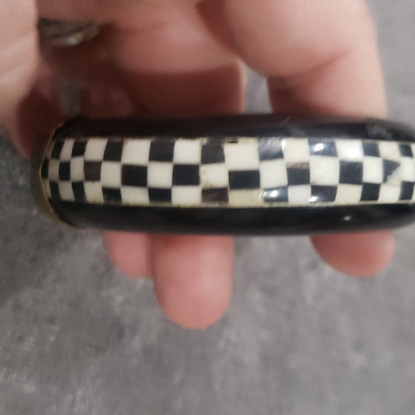 Vintage black and white checkered Bone and metal Bangle Bracelet