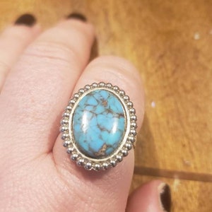 Altered Faux Turquoise Cabochon Brooch into silver metal color Adjustable Ring
