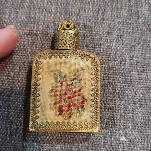 Antique Gold metal color and floral needlepoint Tiny Glass Perfume Bottle