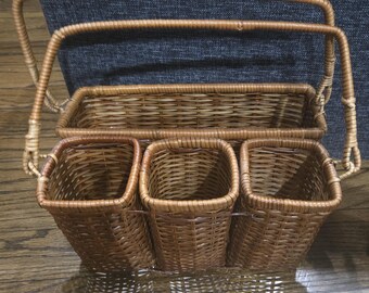 Vintage Hand Woven Brown Wicker Silverware Utensil Napkin Holder Basket Handles