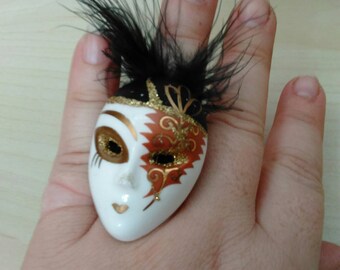 Altered Handpainted Porcelain Venetian Mask Brooch to an antique brass metal Ring