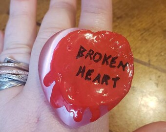Upcycled Big Pink Cat's eye stone Heart into an adjustable silver tone Ring " Broken Heart"