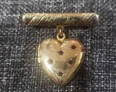 Vintage Victorian Style gold color Metal and tiny red crystal stones locket heart and bar drop brooch