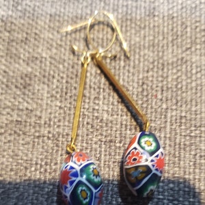 Vintage dangle drop murano bead and gold color metal earrings