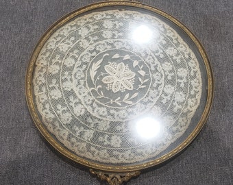 Antique Victorian style lace round glass and brass metal Vanity Tray