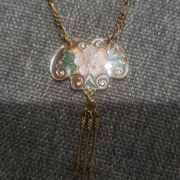 Vintage Art Nouveau style Cloisonne pendant gold tone necklace