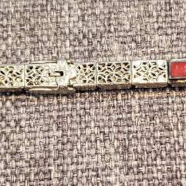 Antique silver metal color and red enamel filigree Art Deco style expandable watch band