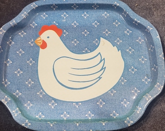 Vintage Small metal Tray blue and white chicken