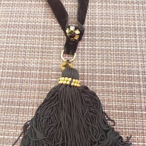 Vintage black velvet ribbon gold metal black plastic beads and big black tassel