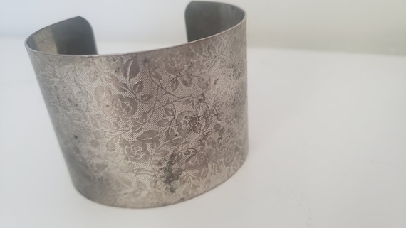 Vintage silver wide etched floral metal cuff - image 1