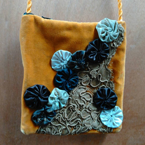 Vintage Collection - Small Handmade Victorian style Golden Velvet purse with yo-yo and lace applique and gold satin strap