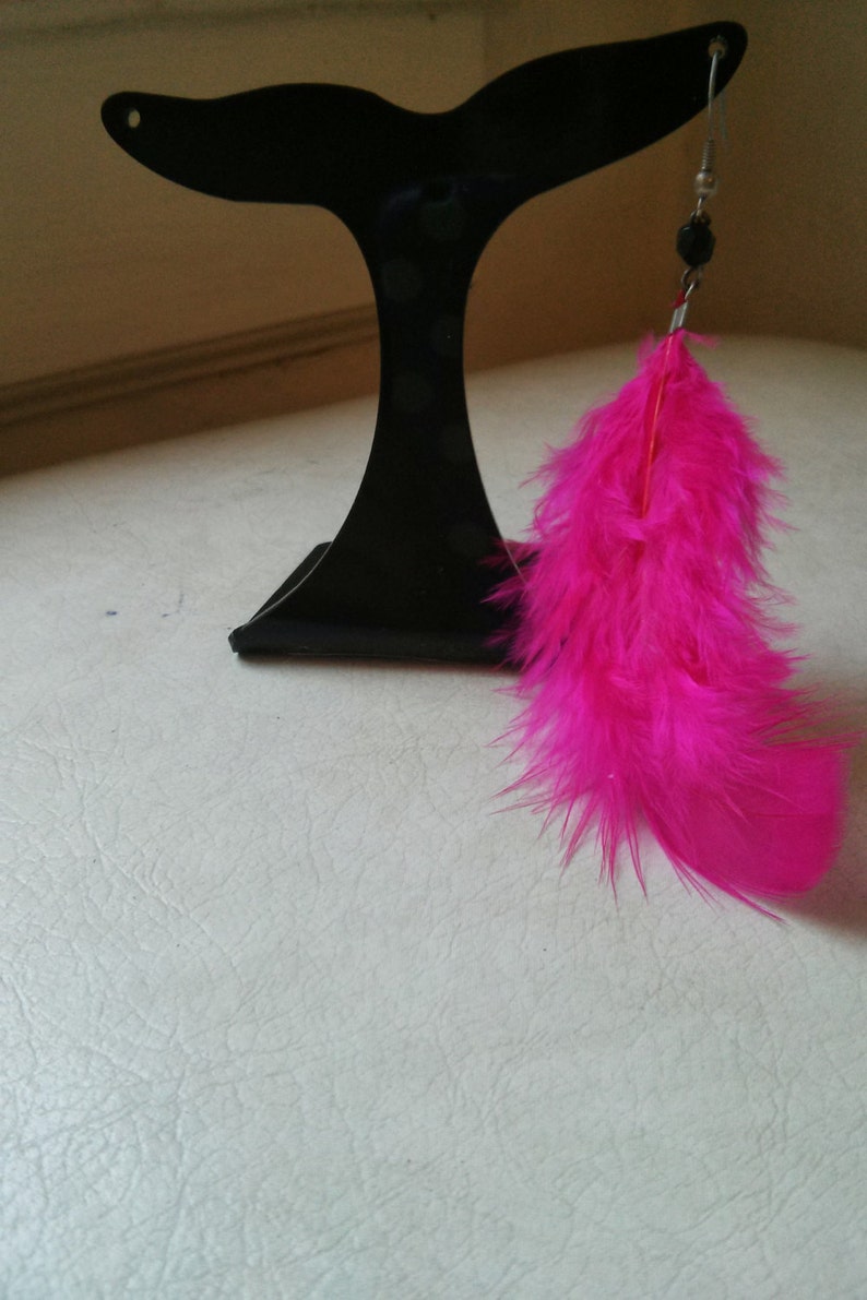 Handmade Pink Feather and Black Quartz bead Metal Hook Earring image 1