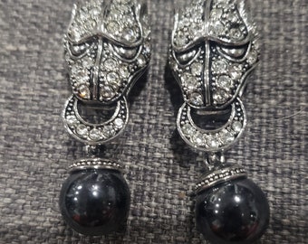 Vintage faux black pearl Rhinestones and silver metal color panther Clip-on Earrings