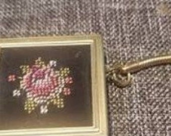 Vintage needlepoint pill box gold tone key chain