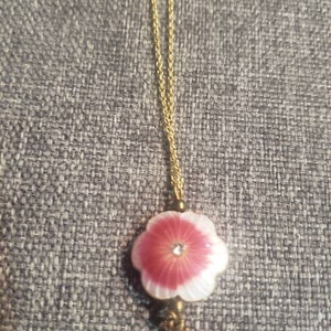 Vintage pink guilloche flower pendant and gold color chain necklace