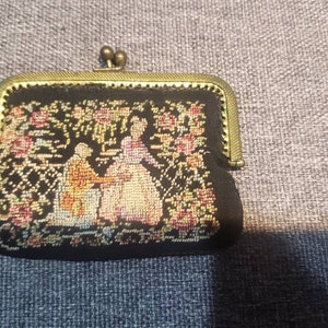 Antique suede fabric needlepoint figural embroidery tiny coin purse