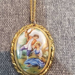 Antique 12k Gold chain and  Limoges porcelain handpainted Renaissance courting couple cabochon necklace