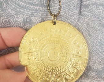 Vintage Double Sided Gold Tone Mayan Aztec Calendar Pendant Necklace