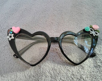 Altered 60"s style fake glasses with Tiny beads Crystal and fabric flower Applique