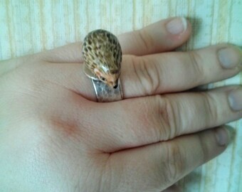 Handmade Metal Base with Tiny Porcelain Hedgehog Applique Adjustable Ring