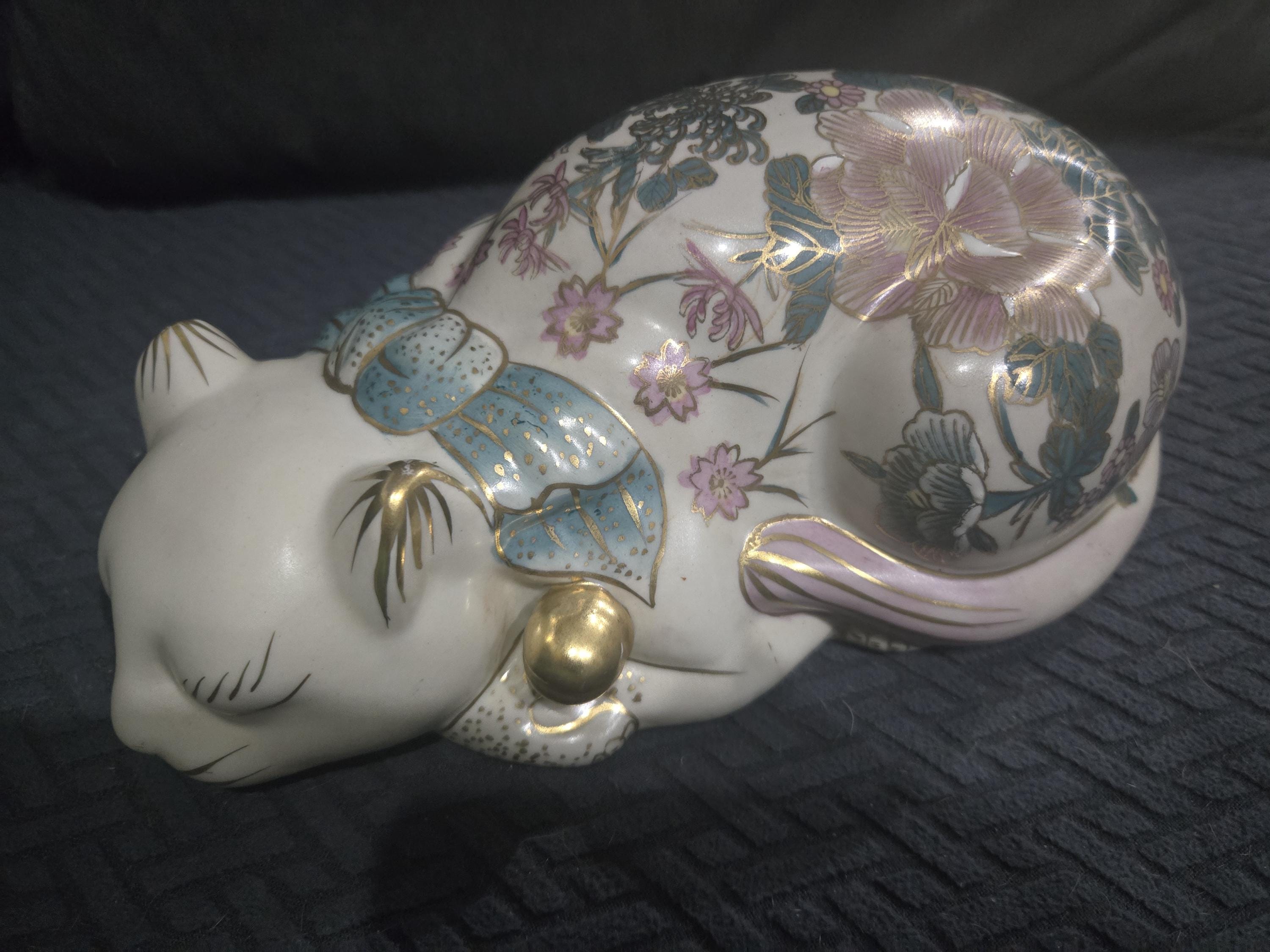 Vintage Chinoiserie Asian Sleeping Cat Figurine Floral Accents - Etsy
