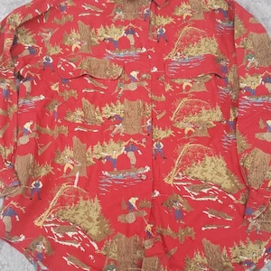 Vintage JG Hook Red cotton lumber motif button down shirt size 10
