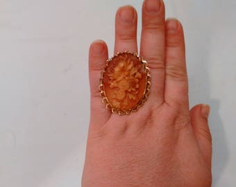 Handmade Victorian Style Light Brown Resin Carved Floral Cameo Adjustable Ring