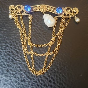 Vintage Collection - Etruscan Revival plastic pearl and blue crystals  gold color metal large Chatelaine Brooch