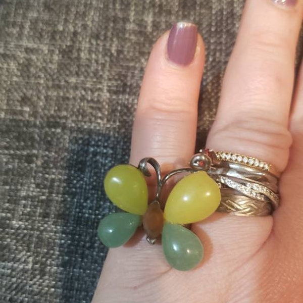 Colorful jade stones Butterfly Sterling Silver Ring size 5.5