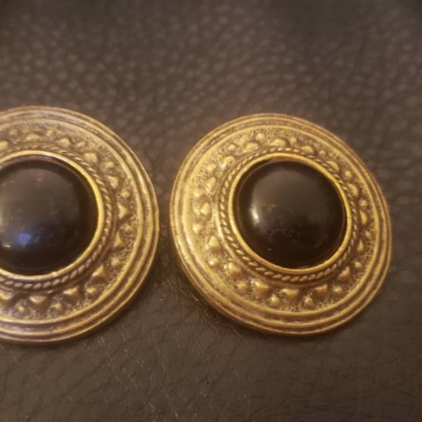 Vintage Collection - Etruscan style black plastic Stone brass color metal large stud Earrings