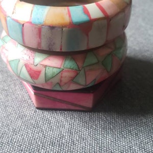 Vintage Set of 3 Colorful Wood metal and Bone Bangle Bracelets