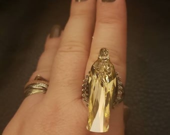 Handmade Silver Tone metal and Virgin Mary Peach Swarovski Crystal statue adjustable Ring