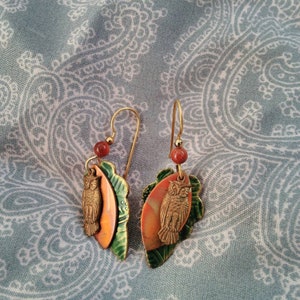 Vintage Naturalist style owl and leaves brass and enamel hook earrings