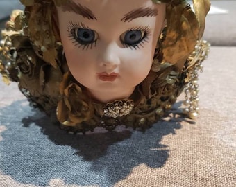 Vintage Handmade Baroque Style Crown With Upcycled Bisque Doll