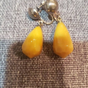 Vintage Collection - Antique Art Deco Butterscotch Bakelite teardrop Screw Back Earrings in silver metal color