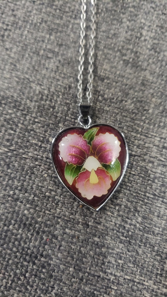 Vintage Orchid heart shape Cloisonne pendant silve