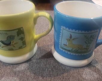 Vintage 2 Anthropologie BISCUIT Stamp Mugs 3.75" Tall  Grenouille Alouette