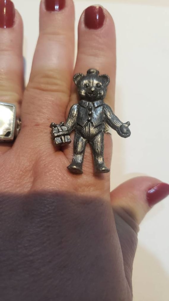 Vintage pewter Teddy Bear adjustable ring