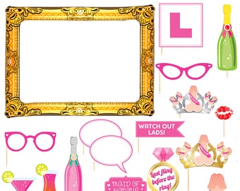 Gold Hen Party Selfie Frame & Photo Prop Set | Set of 20 Props with Inflatable Frame | Personalised Photo Props