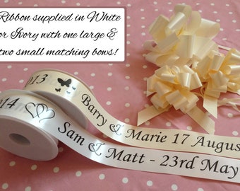 Value Personalised Wedding Car Ribbon Kit - 6m Ribbon with 3 bows | Available in White or Ivory | Printed Wedding Car Ribbon