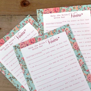 10 tarjetas para ayudar a la novia a escribir sus votos para despedidas de soltera. Juego para toda la familia. Juego para despedidas de soltera. Fiesta de despedida de soltera con motivos florales vintage.