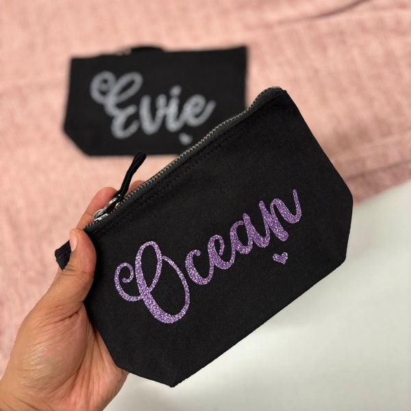 Black Personalised MAKE UP BAG Glitter Name | Any Name Glitter Christmas Birthday Mum Gift | Glitter Make Up Bag