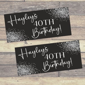 2 x Black & Silver PERSONALISED BIRTHDAY BANNERS | Black and Silver Birthday Paper Banners | Silver Glitter